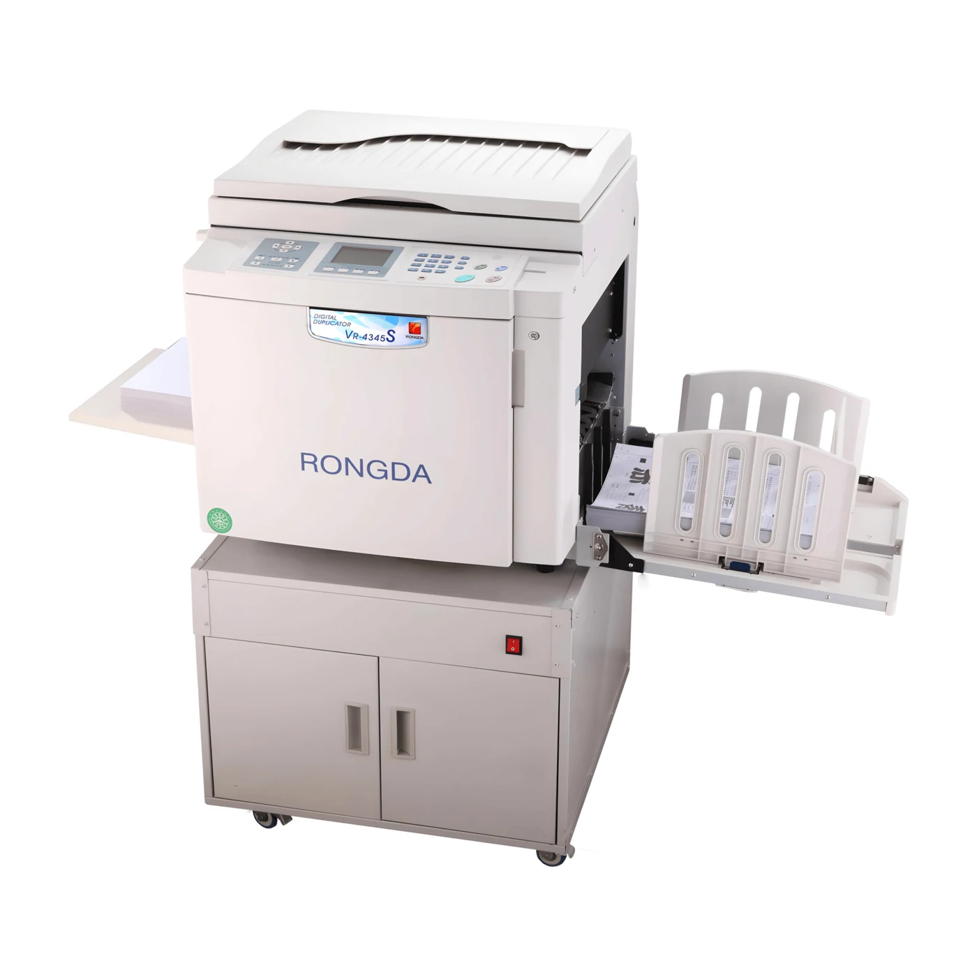 Rongda VR-4345S digital duplicator, front view mounted on its cabinet stand