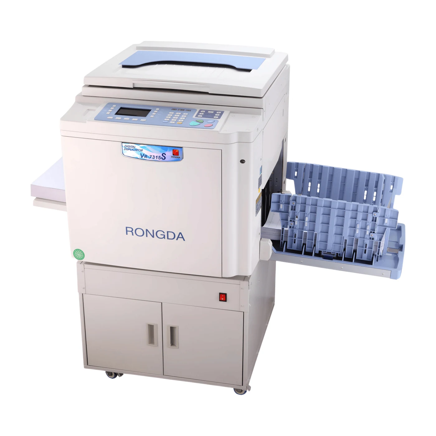 Rongda VR-7315S digital duplicator, front three-quarter view with feed and output trays extended