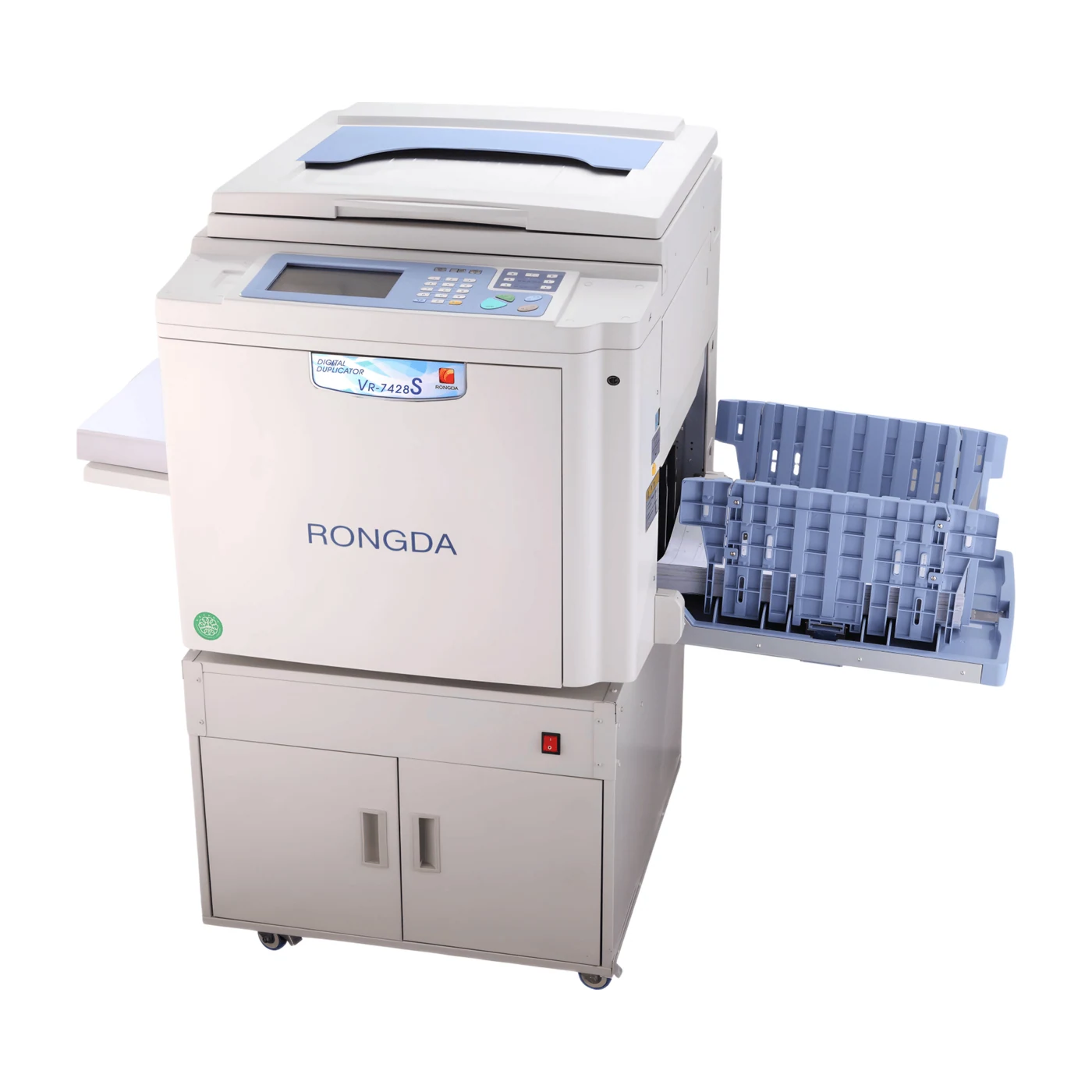 Rongda VR-7428S digital duplicator, front three-quarter view on its cabinet with the delivery tray open