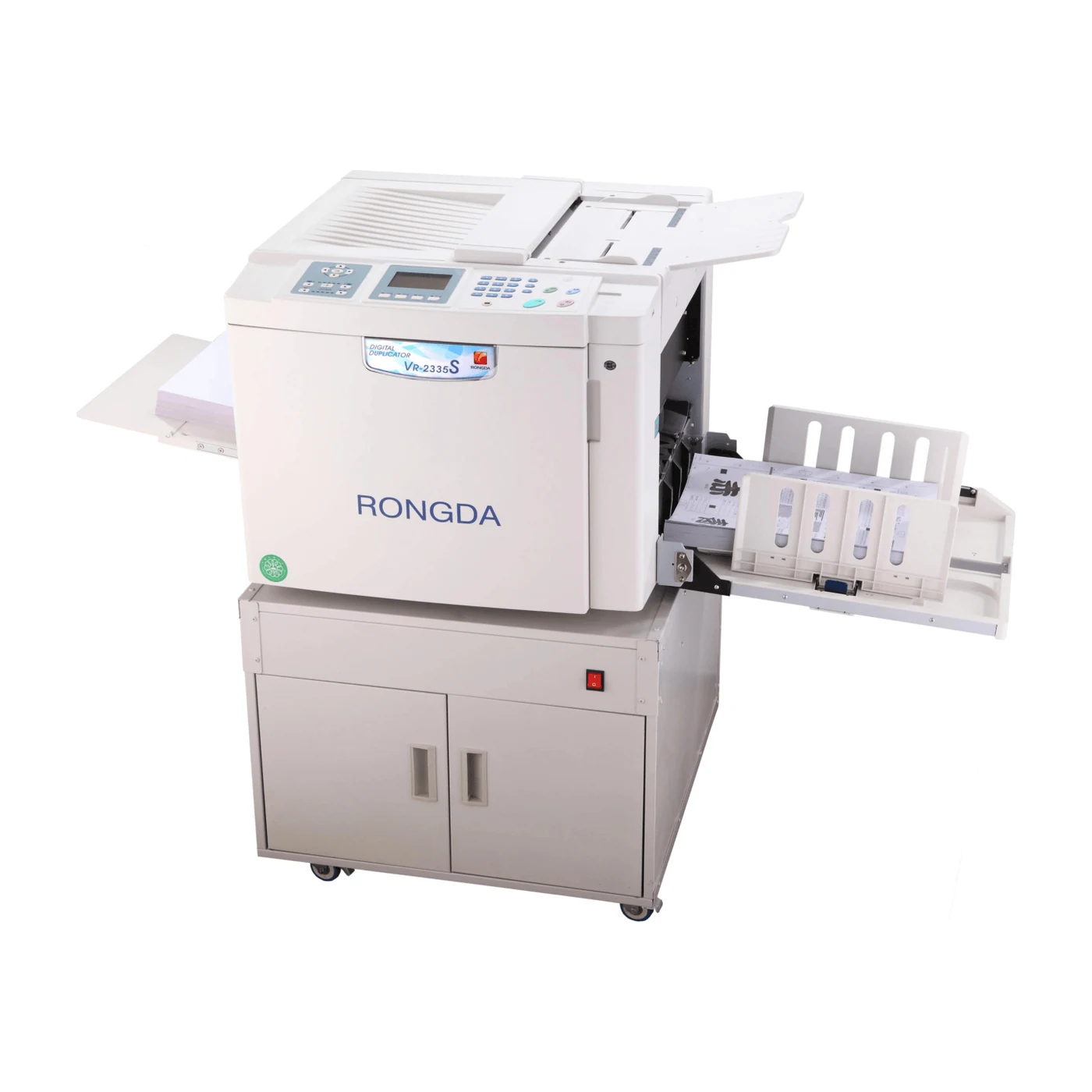 Rongda VR-2335S digital duplicator, front three-quarter view with paper feed tray extended