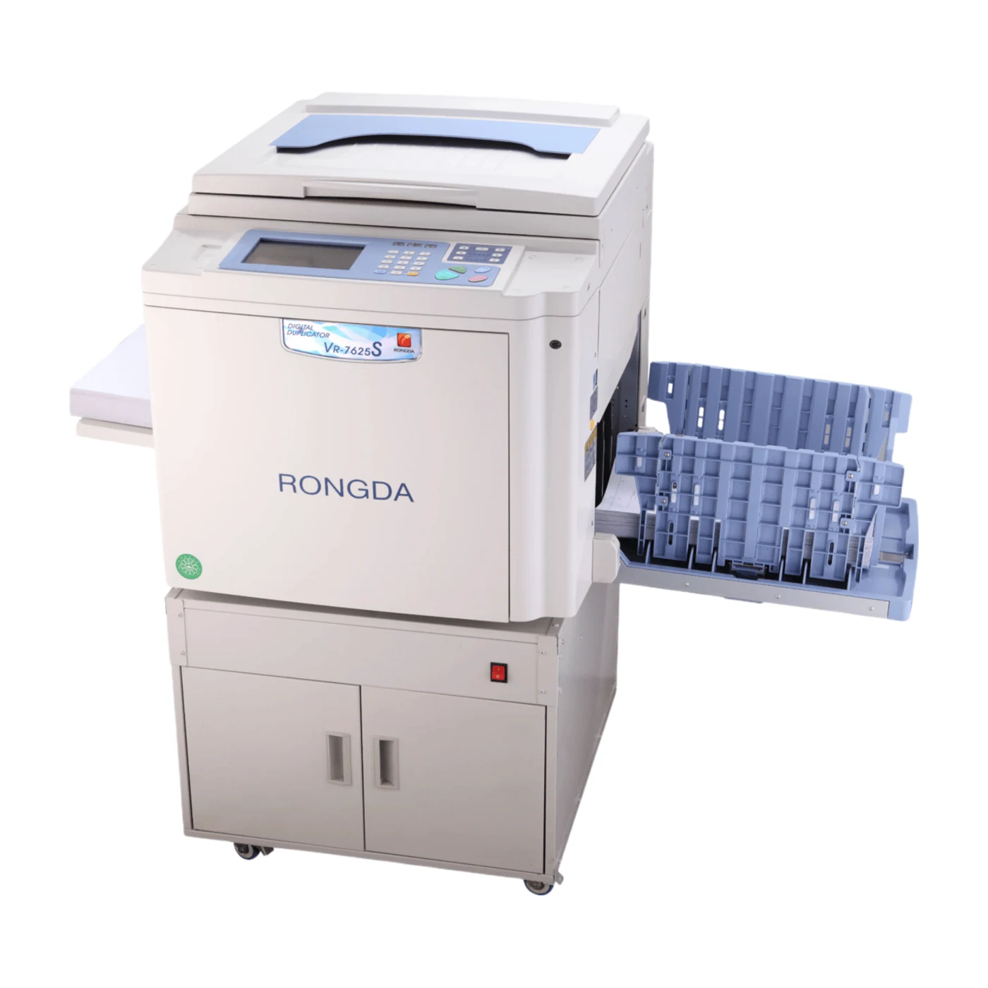 Rongda VR-7625S digital duplicator, front view with paper trays fitted