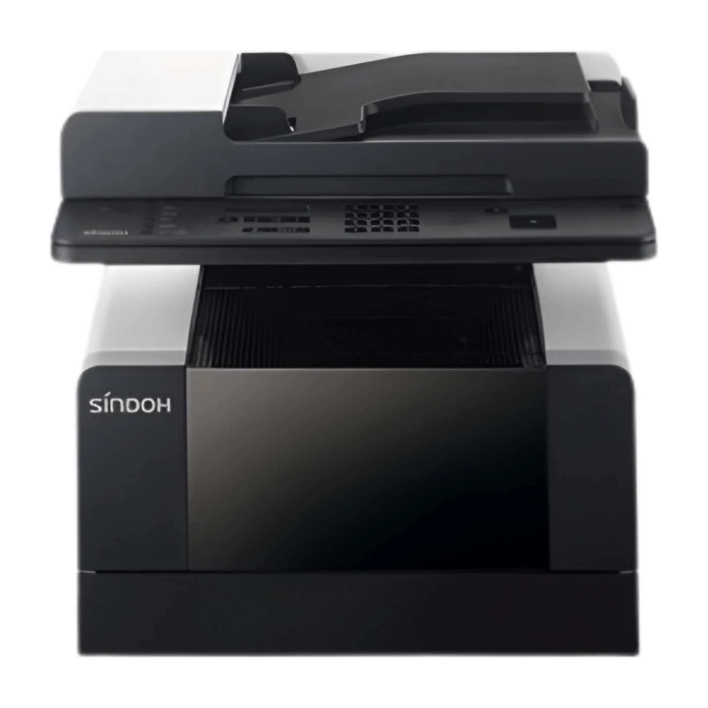 Sindoh M403 A4 mono multifunction printer, front view with document feeder and touch panel