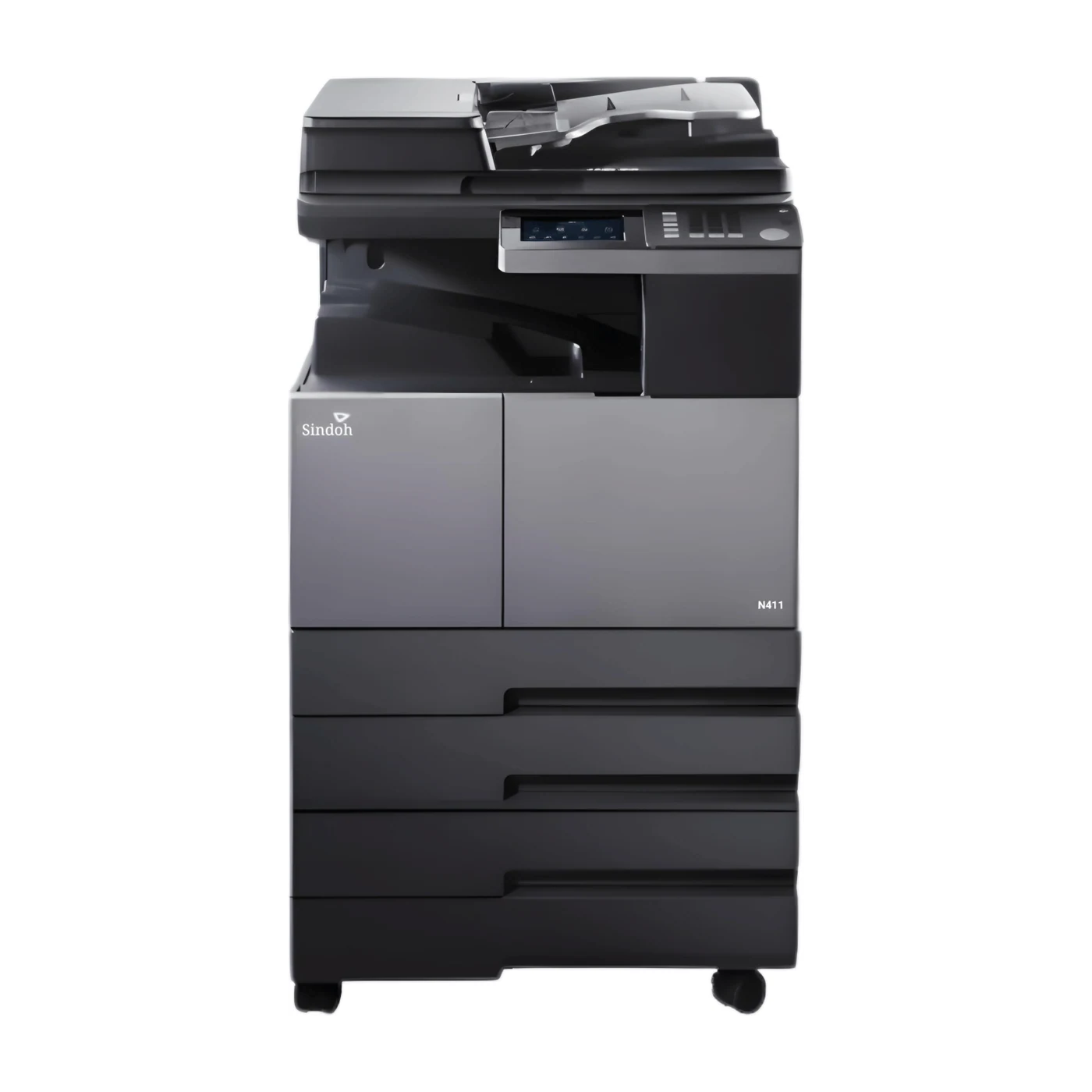 Sindoh N411 A3 mono digital MFP, front view of the floor-standing unit with document feeder